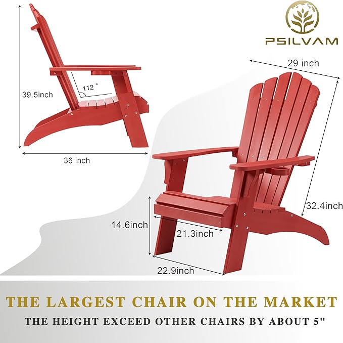 Psilvam Adirondack Chair, Oversized Poly Lumber Fire Pit Chair with Cup Holder, 350Lbs Support Patio Chairs for Garden, Weather Resistant Outdoors Seating, Relaxing Gift for Father & Mother (Red)