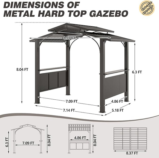 8x5Ft Hardtop Grill Gazebo,Double Tiered Roof BBQ Gazebo with 2 Side Shelves Metal Frame Grill Gazebos for Outdoor,Patio, Backyard, Garden