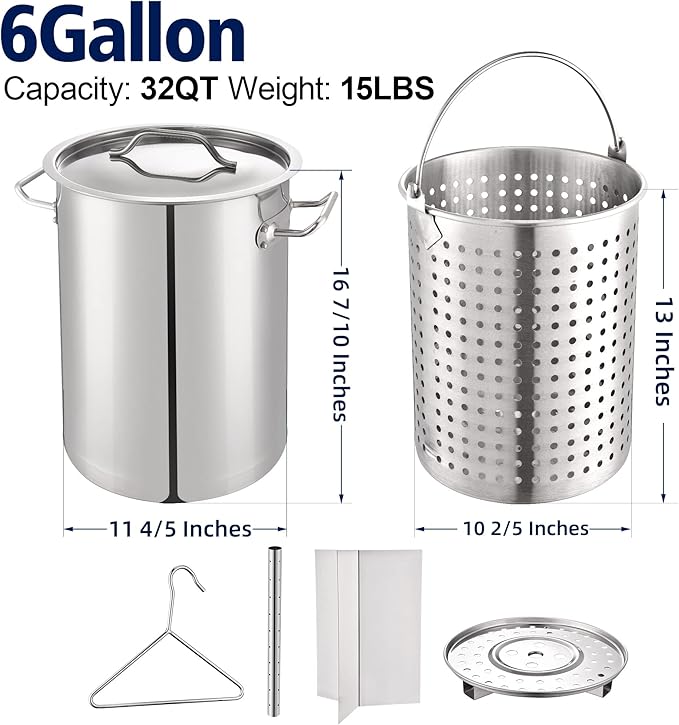ARC 32QT Turkey Fryer Stainless Steel Stock Pot & 55,000 BTU Propane Burner Outdoor Deep Fryer, Stainless Steel Crawfish Boil Pot with Basket and Steamer Rack