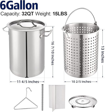ARC 32QT Turkey Fryer Stainless Steel Stock Pot & 55,000 BTU Propane Burner Outdoor Deep Fryer, Stainless Steel Crawfish Boil Pot with Basket and Steamer Rack