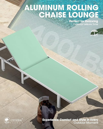 Patio Chaise Lounge Chair Set of 2, Outdoor Lounge Chairs with Wheels, 5-Position Adjustable Sun Loungers for Pool, Deck, Beach, Light Green