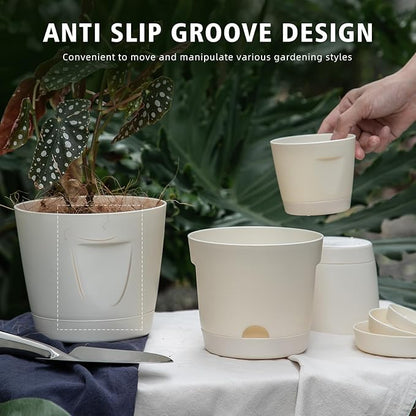 5 Pack Plastic Planters with Drainage, Self Watering Pots for Indoor Plants, Small Cute Plastic Pots in 5 Sizes, Ideal for Indoor Plants (Cream White)