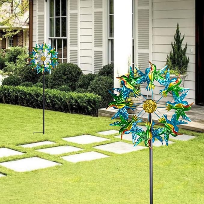 Viveta Wind Spinners for Yard and Garden, Hummingbird Wind Spinners with Metal Stake, 57.5" Double Wind Spinner Yard Art Decor for Patio Lawn Garden
