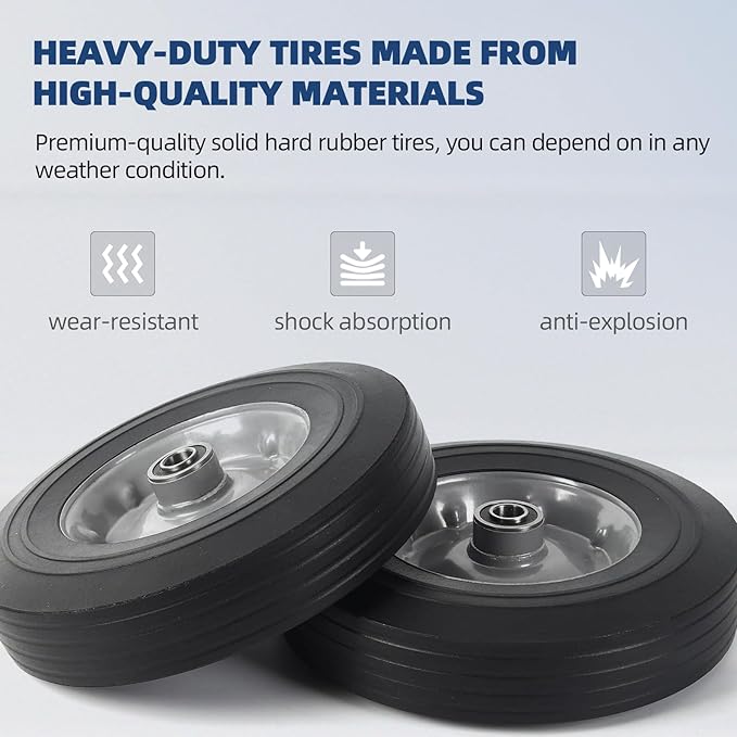 AR-PRO (2-Pack) 10" x 2.5" Flat Free Solid Rubber Replacement Tires - Flat-Free Tire and Wheel for Hand Trucks and Wheelbarrows with 5/8" Axles
