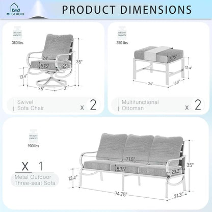MFSTUDIO 5 Pieces Patio Conversation Sets,Outdoor Metal Furniture Sofas with 1 x 3-Seat Sofa, 2 x Swivel Chairs,2 x Ottoman,Wrought Iron Frame with Peacock Blue Cushion for Patio Courtyard Balcony