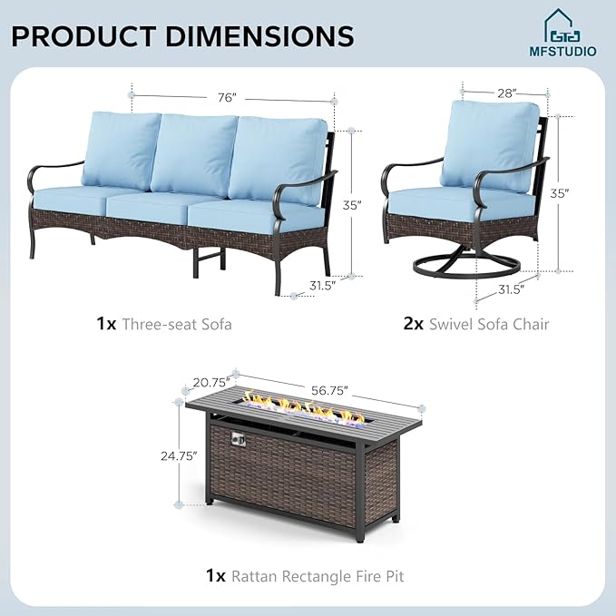 MFSTUDIO 4 Pieces Outdoor Patio Furniture Set, Metal Outdoor Conversation Set, Rattan Wicker Patio Sectional Set with 2 x Swivel Single Sofa, 3-Seat Sofa, 1 x Fire Pit Table, Blue