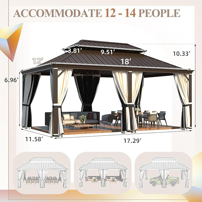 YOLENY 12' x 18' Gazebo, Galvanized Steel Double Roof Hardtop Gazebo with Aluminum Frame, Permanent Outdoor Metal Pavilion with Curtain and Netting for Patio, Lawn and Garden