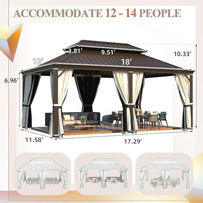 YOLENY 12' x 18' Gazebo, Galvanized Steel Double Roof Hardtop Gazebo with Aluminum Frame, Permanent Outdoor Metal Pavilion with Curtain and Netting for Patio, Lawn and Garden