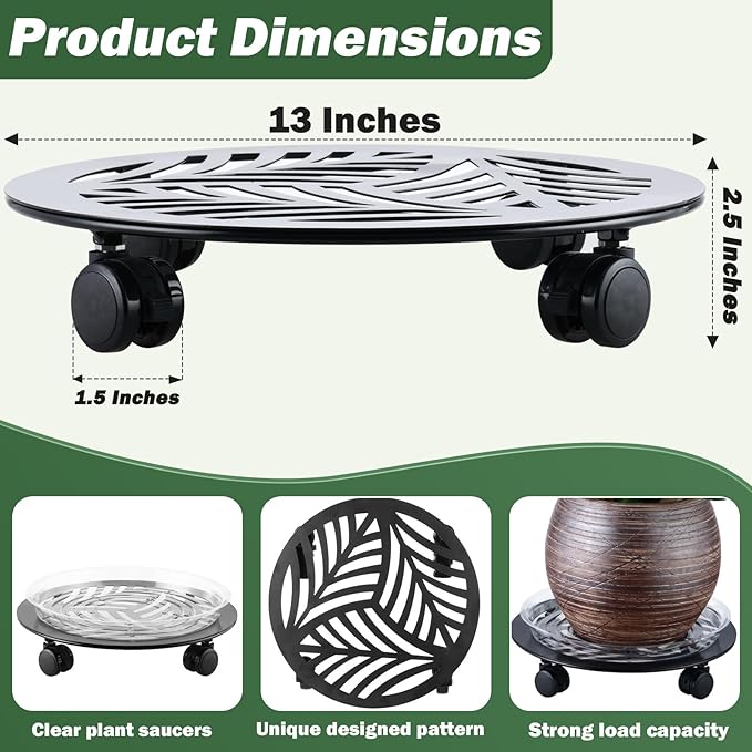 4 Packs Large Metal Plant Caddy with PU Wheels 13" Heav-duty Wroght Iron Rolling Plant Stands Indoor Outdoor Wheeled Plant Dolly Planter Mover Rollers Plant Trolley Cart, Plant Saucers Included