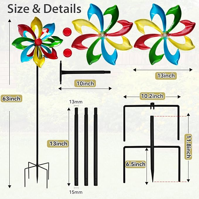 Colorful Metal Wind Spinners for Outdoor - 13 Inch Smooth Spinning Garden Wind Sculptures, Wind-Catcher with Upgraded Stable Stakes for Yard & Patio Decoration