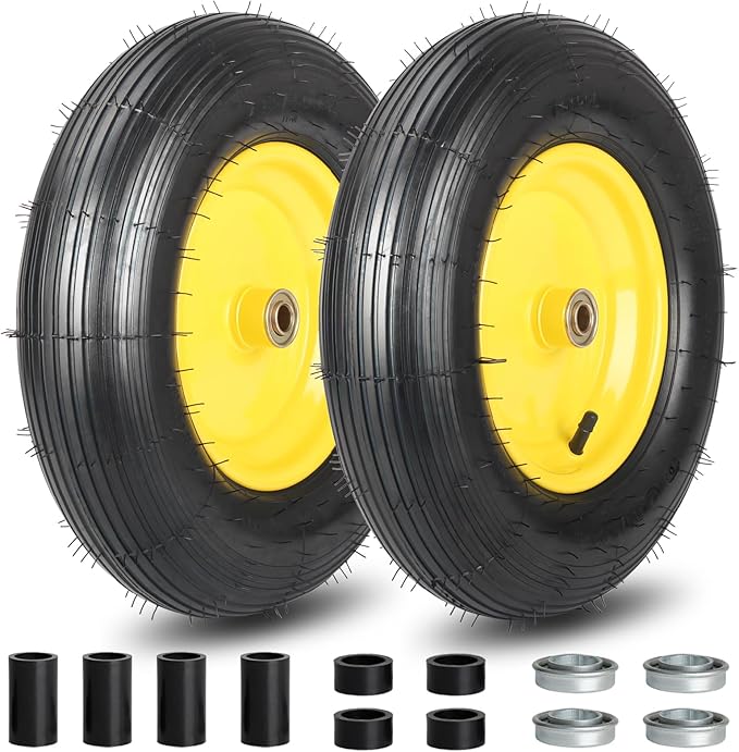 (2 Pack)4.80/4.00-8 Wheelbarrow Tire and Wheel, 16" Rubber Pneumatic Wheel, 3" -6" Centered Hub, 5/8" & 3/4" Bearings, for Hand Truck, Trolley, Garden Cart, Wagons【Explorer Series】