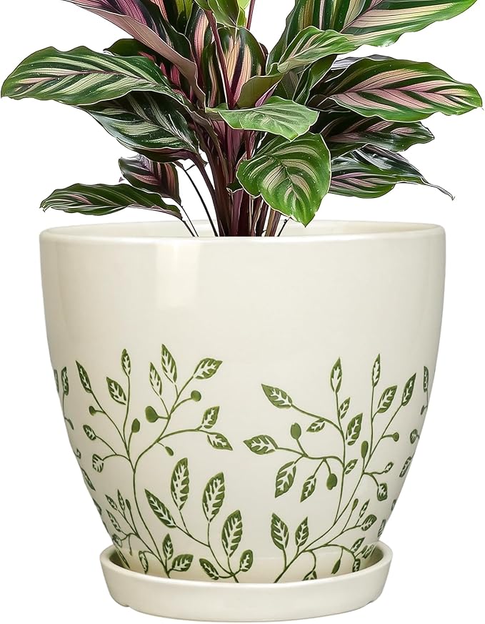 6.8 Inch Plant Pot - Ceramic Pot for Indoor Outdoor Plants, Boho Decorative Round Ceramic Planter with Drainage Hole and Saucer, Housewarming Gifts, Office Garden Home Decor, White