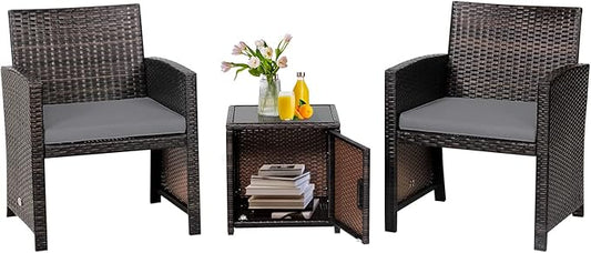 Tangkula 3 Pieces Outdoor Wicker Conversation Set with Waterproof Cover, 2 Patio PE Rattan Cushioned Chairs with Side Storage Table, Suitable for Front Porch, Balcony, Garden, Poolside and Yard (Grey)