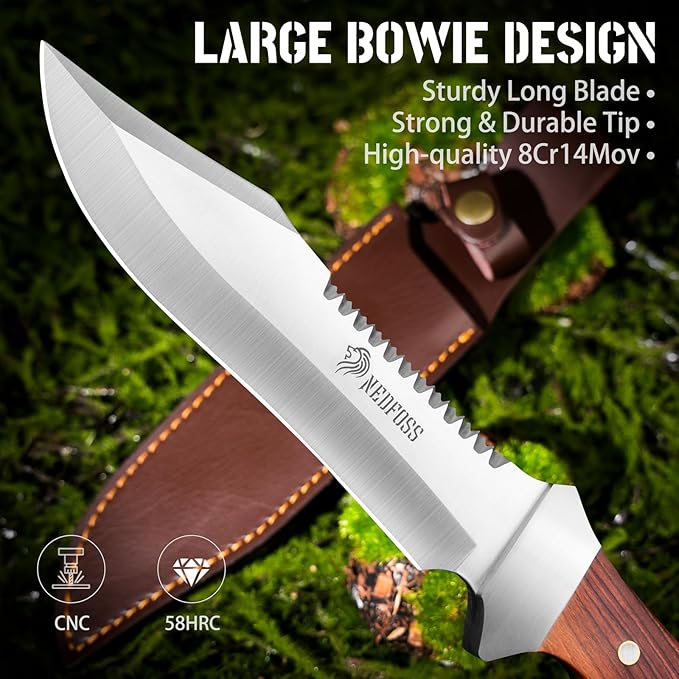 NedFoss 13" Survival Knife with Sheath, 7" Large Blade Camping Knives with Rosewood Handle, Full Tang Bowie Fixed Blade Hunting Knife, Outdoor Bushcraft Gifts for Men Women