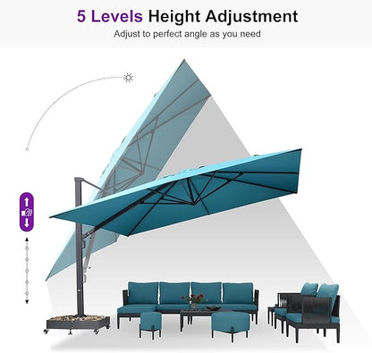 PURPLE LEAF 13 FT Square Patio Umbrella with Base Included Large Cantilever Outdoor Aluminum Offset Umbrella with 360-degree Rotation for Garden Deck Backyard Pool Turquiose Blue