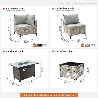 Outdoor Sectional Patio Furniture Set with Fire Pit Table and Glowing Table,8 Pieces Wicker Conversation Sets L Shaped Couch Out Door Sofa Set Outside Furniture for Garden Deck Yard,Dark Grey
