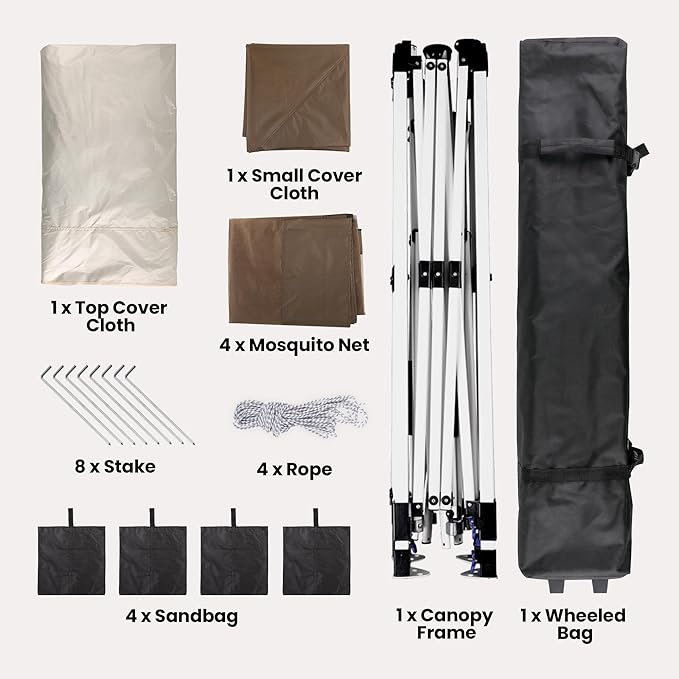 Bealife 13x13 Pop Up Gazebo Tent with Mosquito Netting, Outoor Canopy Tent with 4 Sandbags, 8 Stakes, 4 Ropes, Roller Bag, Pop Up Canopy for Lawn Backyard Garden Deck (Beige, 13x13)
