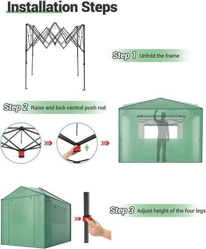 GarveeLife 6X8FT Portable Greenhouse for Outdoor, Walk-in Instant Pop-Up Greenhouse for Gardening Plant, Zipper Roll Up Door & Mesh Window, Double Frame, PE Cover Grow Tent for Winter, Green