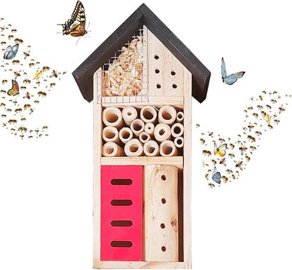 Insect Hotel Hanging Bee House Wooden Insect House, Natural Habitat for Beneficial Bees, Bugs, Butterflys, Ladybirds Garden Yard Home