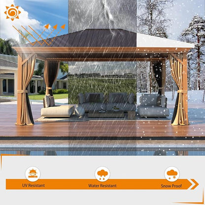 MELLCOM 12'x16' Gazebo, Wood Looking Gazebo with Aluminum Frame and Single Galvanized Steel Roof, Outdoor Permanent Metal Pavilion with Curtains and Nettings for Deck, Backyard and Patio