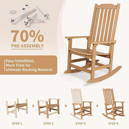Outdoor Rocking Chair, Oversized All Weather High Back Porch Rocker, Patio Rockers for Outside