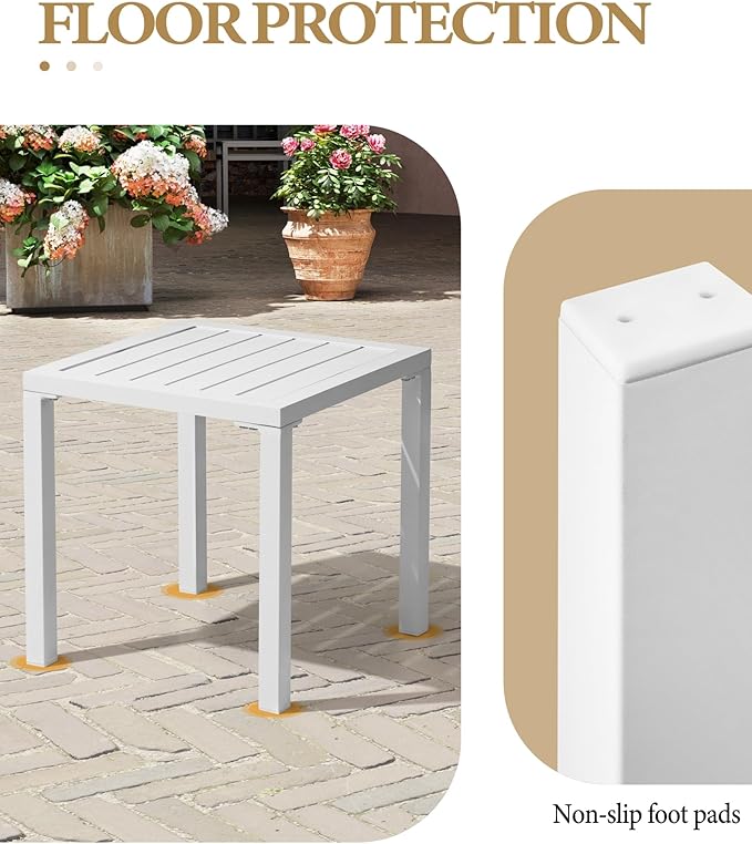 Crestlive Products Aluminum Outdoor Side Table, Pool Lounge Chair Side Table, Weather Resistant Small Square Coffee End Table for Patio, Yard, Garden, Porch, Deck, Indoor, Outdoor (White)