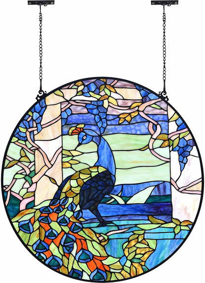 Bieye W10094 Peacock in Garden Tiffany Style Stained Glass Window Panel for Home Decor (Blue, 24" Round)