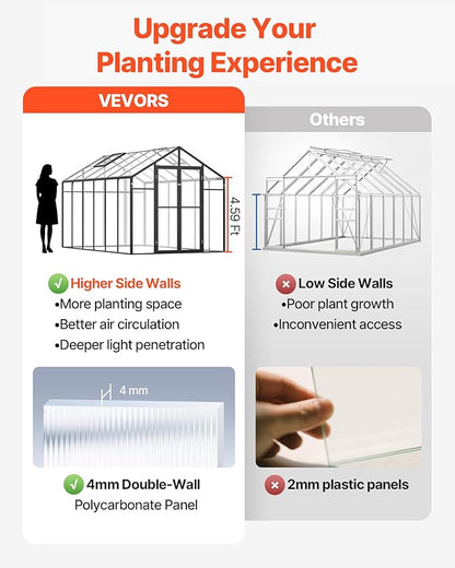 VEVOR Polycarbonate Greenhouse, 8 x 12 Ft, Outdoor Greenhouse with 2 Vent Windows, Pavilion Styled Greenhouse with Hinged Door, Aluminum Large Walk-in Greenhouse Kit for Outside Garden Backyard