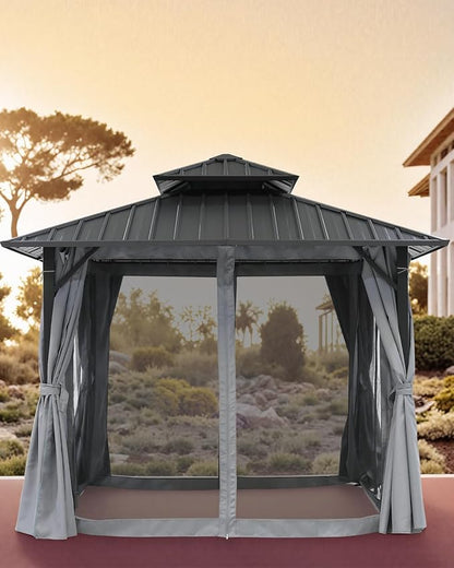 12' x 12' Hardtop Gazebo, Aluminum Frame Patio Hardtop Gazebos with Netting and Curtain, Outdoor Patio Pergola, Outdoor Patio Gazebo with Double Metal Roofs for Lawns, Garden, Deck, Slate Gray