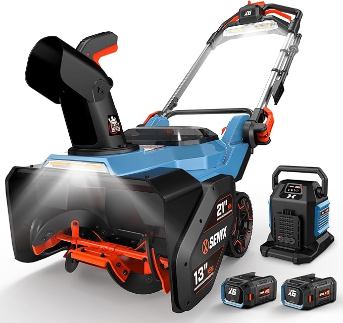SENIX 21-Inch 60 Volt Cordless Snow Blower with Heated Handles and Steel Auger, 13-Inch Clearing Depth, 45-Foot Max Throw Distance, Dual LED Lights, 2 * 8.0Ah Batteries and Dual Port Charger Included