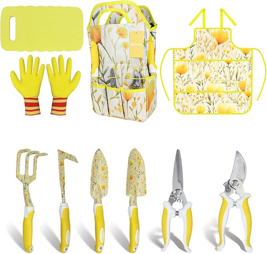 Yellow Garden Tools for Women, iHansee 10-Piece Garden Tools Set with Handbag, Gardening Hand Tool w/Non-Slip Ergonomic Handle, Floral Print Garden Supplies, Cute Gardening Gift for Mom Grandma