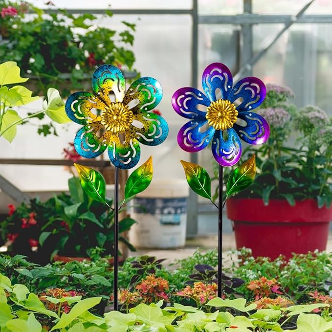 Viveta 2 Pack Wind Spinners,Flower Garden Sculpture, Metal Windmill, Green and Purple Pinwheels for Yard Lawn Patio Decor