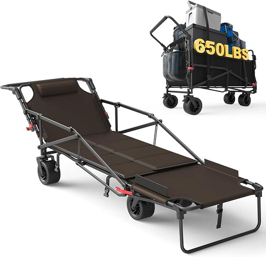 LEVELEVE Heavy Duty Folding Wagon - 2-in-1 Collapsible Cart, 650lb Capacity, All-Terrain Wheels w/Brakes & Side Pockets