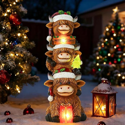 Christmas Highland Cow Decor with Solar Light Triple Highland Cow Christmas Decorations Gifts for Women Mom Funny Highland Cows Garden Statues for Garden Patio Lawn Yard Decor(Multicolor)