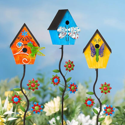 51” Bird Houses Stake for Outside, Metal Wild Bird Feeder Birdhouse Stake Pole with Butterfly Design Outdoor Decorations for Patio, Backyard, Garden