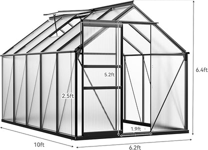 YITAHOME Polycarbonate 6X10FT Greenhouse Heavy Duty Green Houses Outdoor Greenhouses Aluminum Sliding Doors Vent Window for Garden Backyard, Black