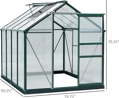 Outsunny 6' x 8' Greenhouse for Outdoors, Polycarbonate Greenhouse with Rain Gutter and Roof Vent, Aluminum Walk-in Green Houses for Outside for Patio Backyard Garden, Dark Green