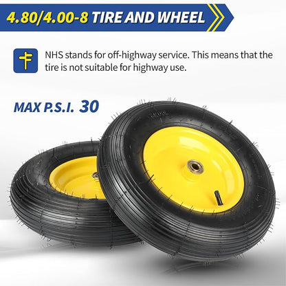 (2 Pack)4.80/4.00-8 Wheelbarrow Tire and Wheel, 16" Rubber Pneumatic Wheel, 3" -6" Centered Hub, 5/8" & 3/4" Bearings, for Hand Truck, Trolley, Garden Cart, Wagons【Explorer Series】