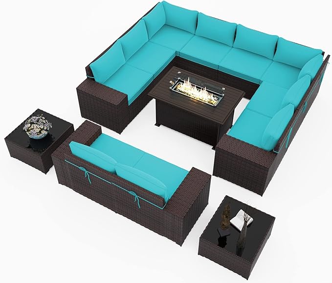Outdoor Patio Furniture Set with Propane Fire Pit Table, 13 Pieces Outdoor Furniture Patio Sectional Sofa Conversation Sets w/ETL Approved 43" Gas Outdoor Fire Table & Coffee Table Blue.