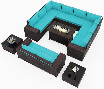 Outdoor Patio Furniture Set with Propane Fire Pit Table, 13 Pieces Outdoor Furniture Patio Sectional Sofa Conversation Sets w/ETL Approved 43" Gas Outdoor Fire Table & Coffee Table Blue.