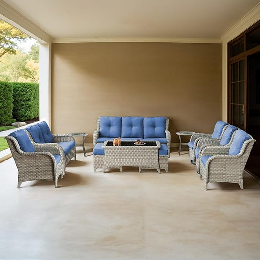 Outdoor Furniture：11 PCS Patio Furniture Set, Outdoor Furniture Set with Swivel Patio Chairs, Light Beige/Blue