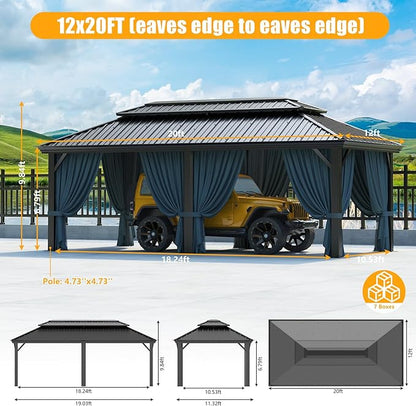 HOTEEL 12x20 Gazebo with Metal Roof Heavy Duty Hardtop Gazebo with Flame-Retardant Curtain & Netting, Hot Tub Gazebos with Galvanized Steel Double Roof, Outdoor Canopy for Patio, Party (2025 Upgraded)