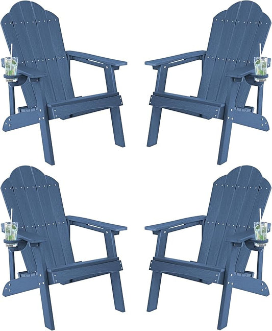 LUE BONA HDPE Adirondack Chairs Set of 4,Plastic Adirondack Chairs with Cup Holder Weather Resistant for Outdoor, Patio, Lawn, Garden, Backyard Deck, Fire Pit, Blue