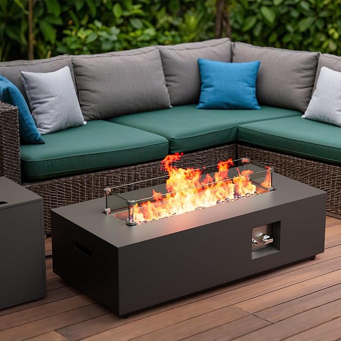 42" Outdoor Fire Pit Table, 50,000 BTU Gas Fire Pit with Glass Windshield, Rocks, Waterproof Cover, Propane Fire Pit Table for Outside Patio (Black, 42 inch)