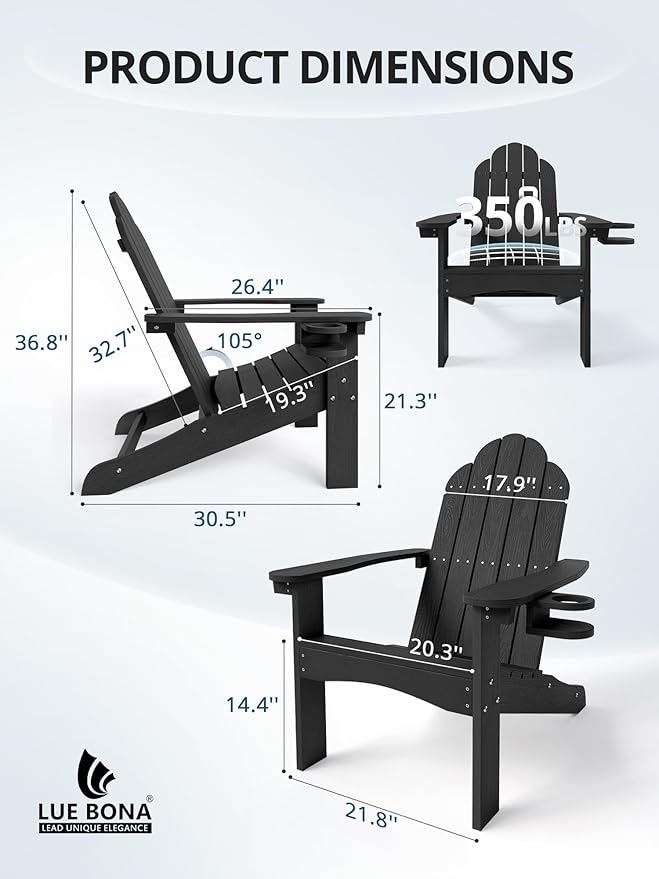 LUE BONA HDPE Adirondack Chairs Set of 2,Plastic Adirondack Chairs with Cup Holder Weather Resistant for Outdoor, Patio, Lawn, Garden, Backyard Deck, Fire Pit, Black