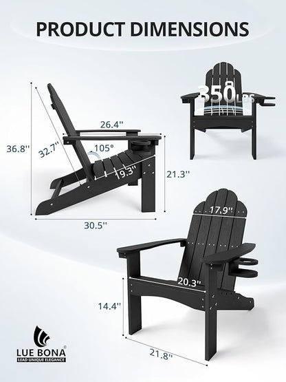 LUE BONA HDPE Adirondack Chairs Set of 2,Plastic Adirondack Chairs with Cup Holder Weather Resistant for Outdoor, Patio, Lawn, Garden, Backyard Deck, Fire Pit, Black