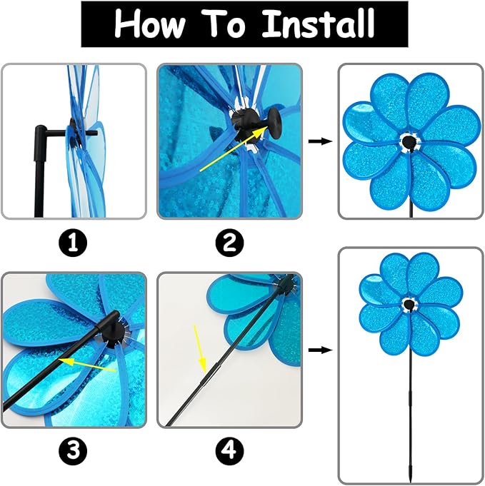 4PCS Flower Wind Spinner Sparkly Lawn Pinwheel 11.8 inch Blue Garden Windmill for Garden, Party, Outdoor, Yard Decor