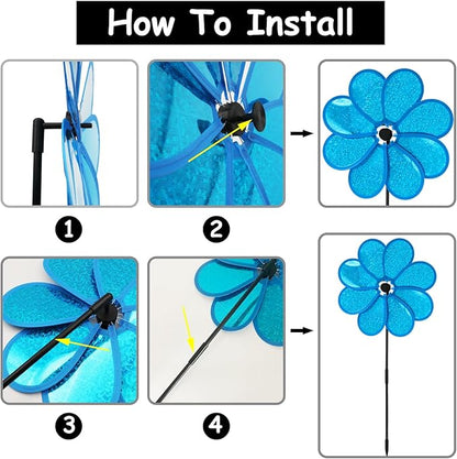 4PCS Flower Wind Spinner Sparkly Lawn Pinwheel 11.8 inch Blue Garden Windmill for Garden, Party, Outdoor, Yard Decor