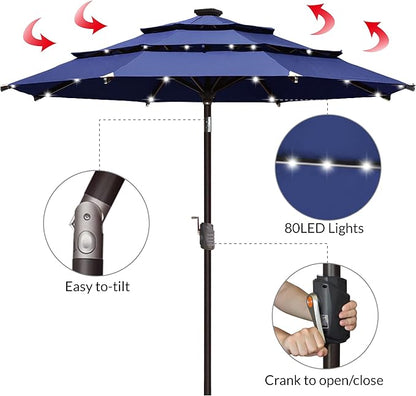 EliteShade USA 10-Year-Non-Fading Solar 9ft 3 Tiers Market Umbrella with 80 LED Lights Patio Umbrellas Outdoor Table with Ventilation,Navy Blue