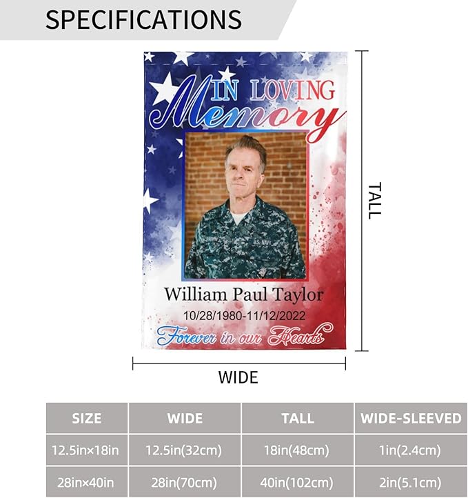 Custom Memorial Flag Personalized Garden Flag for Cemetery in Loving Memory with Photo Name Date Memory Garden Flags For Loss of Loved One Lawn Outdoor Double Sided Yard Flags (Memorial Funeral Flags 3, 28x40(in))